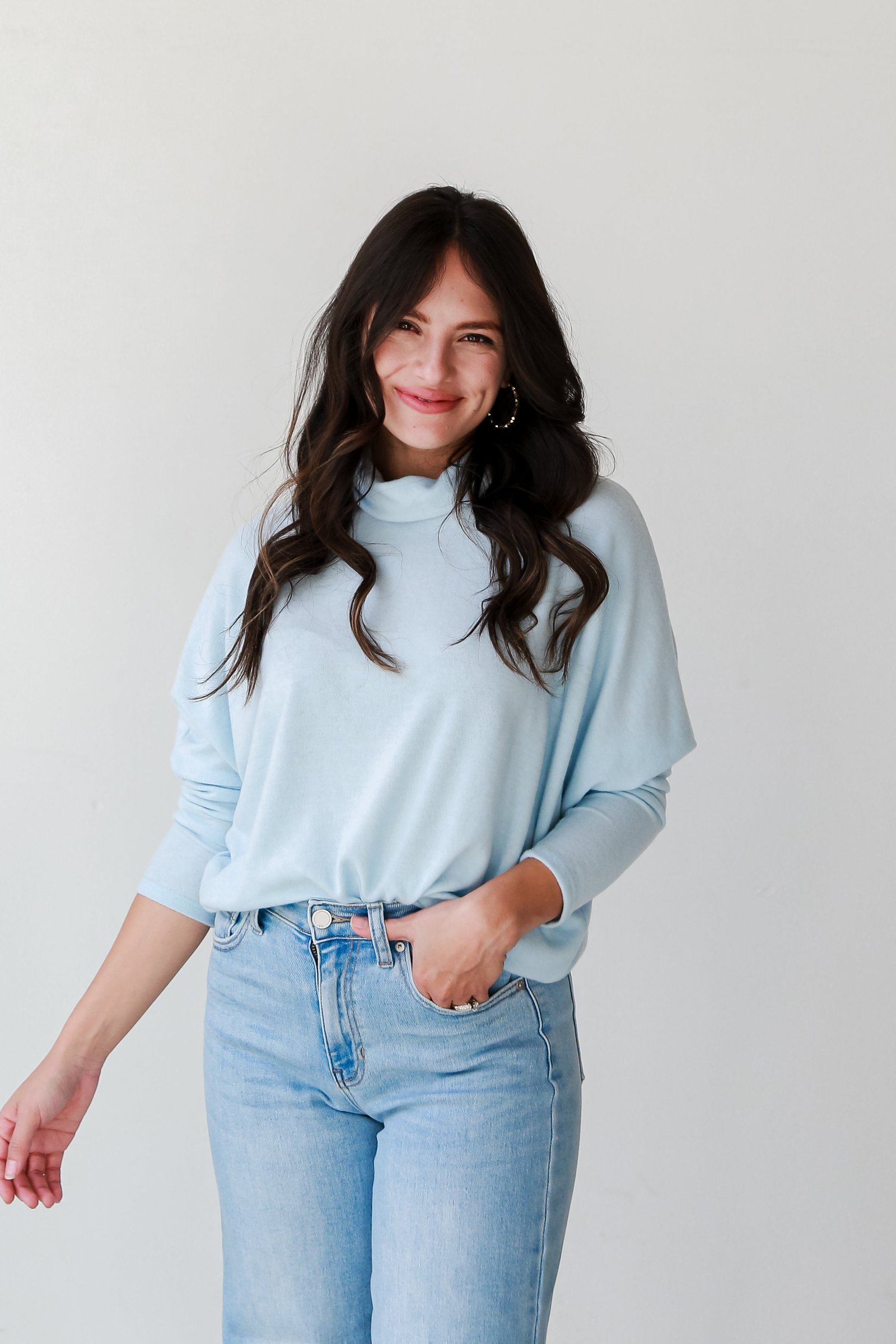 Natalie Light Blue Turtleneck Brushed Knit Top - DOORBUSTER RF19