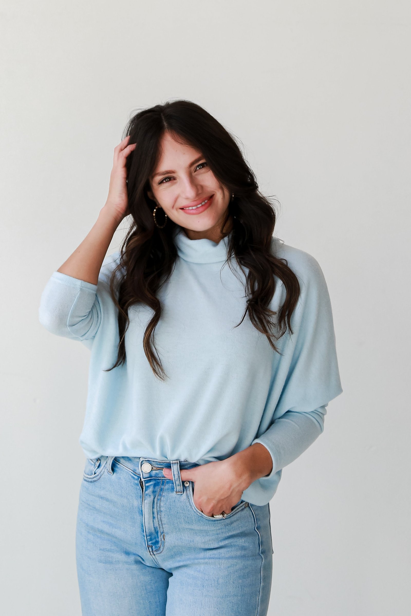 Natalie Light Blue Turtleneck Brushed Knit Top - DOORBUSTER RF19