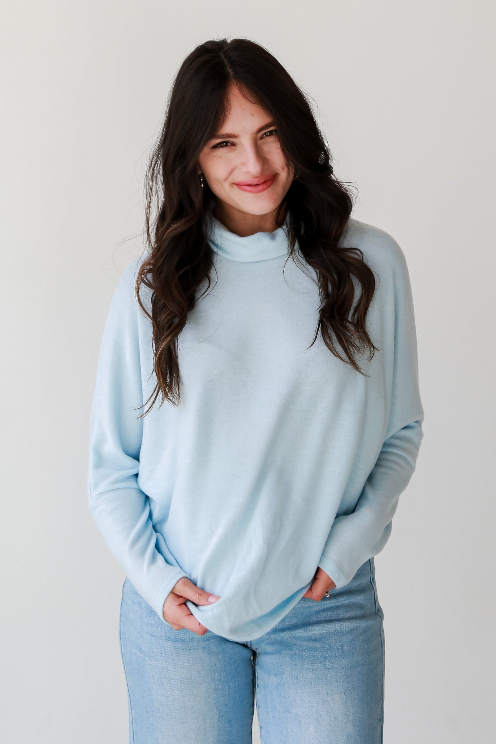 Natalie Light Blue Turtleneck Brushed Knit Top - DOORBUSTER RF19